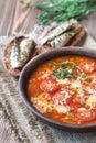 Portion of green lentil tomato soup with toasts Royalty Free Stock Photo