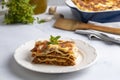 Portion of ground beef lasagna topped with melted cheese and garnished with fresh parsley served on a plate in close view for a