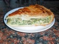 A portion of a healthy vegetable pie on a white plate with a dark background of brown granite