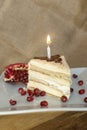 Portion homemade cream cake with candle and pomegranate seeds and chocolate spread