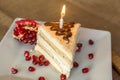 Portion homemade cream cake with candle and pomegranate seeds and chocolate spread