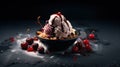 Portion of ice cream and cream on a black plate with fruits, berries and powdered sugar, isolated on a black background Royalty Free Stock Photo