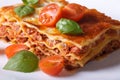 Portion of Italian lasagna closeup on a white plate. Horizontal Royalty Free Stock Photo