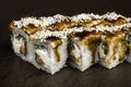 Portion of Japanese-style rolls with dark sauce and sesame seeds side view on a dark background