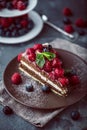 Portion of layered creamy fruit cake in close up view