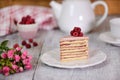 Portion of layered creamy fruit cake. Raspberry layer cake