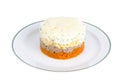 Portion layered salad with fish, carrots and eggs.