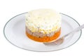 Portion layered salad with fish, carrots and eggs.