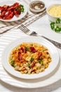 portion of mac and cheese with corn, bacon topped with panko breadcrumbs Royalty Free Stock Photo