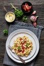 portion of mac and cheese with corn, bacon topped with panko breadcrumbs Royalty Free Stock Photo