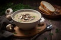 Portion of mushroom cream soup on the table. Generative ai