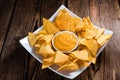 Portion of Nachos (with Cheese Dip) Royalty Free Stock Photo