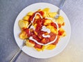 A portion of Patatas Bravas over a metallic table. Fried potatoes topped with spicy sauce, also know as Patatas a la Brava or