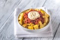 Portion of patatas bravas with sauces Royalty Free Stock Photo