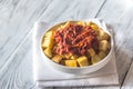 Portion of patatas bravas with sauces Royalty Free Stock Photo