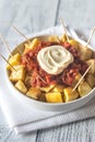 Portion of patatas bravas with sauces Royalty Free Stock Photo