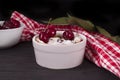 Portion plate with clafoutis sprinkled with powdered sugar on a wooden background. Traditional French pie with cherry Royalty Free Stock Photo