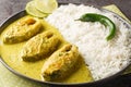 Portion of the popular Hilsa or Ilish fish stewed in mustard sauce with a side dish of white rice close-up in a plate. horizontal Royalty Free Stock Photo