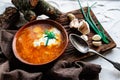 A portion of red borscht in a brown plate, next to an old wooden Board garlic and quail egg, green leeks and driftwood.