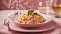 portion of salmon risotto in an embroidered plate on a pink tablecloth