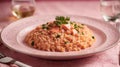 portion of salmon risotto in an embroidered plate on a pink tablecloth