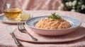 portion of salmon risotto in an embroidered plate on a pink tablecloth