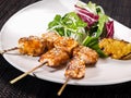 Portion of salmon skewers fried in sauce yakitori with salad mix and slice of grilled lemon on a plate Royalty Free Stock Photo