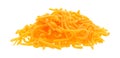 Portion of shredded sharp cheddar cheese on white background
