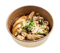 Portion of Sichuan style chicken in paper bowl