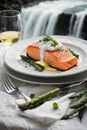 portion of smoked salmon steak and asparagus in a white plate on a white tablecloth in front of Icelandic waterfalls