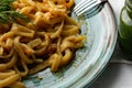 Portion of spaghetti pasta like noodles with fried vegetables on a modern plate in turquoise color, with green sauce in a jar, the Royalty Free Stock Photo