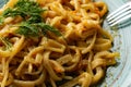 Portion of spaghetti pasta like noodles with fried vegetables on a modern plate in turquoise color, with green sauce in a jar, the Royalty Free Stock Photo