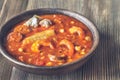 Portion of Spanish fish and chorizo soup Royalty Free Stock Photo