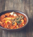 Portion of Spanish fish and chorizo soup Royalty Free Stock Photo