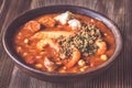 Portion of Spanish fish and chorizo soup Royalty Free Stock Photo