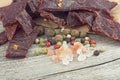 Portion of spiced beef Jerky on vintage wooden background Royalty Free Stock Photo