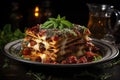 Portion of spicey beef lasagne topped with melted cheese and garnished with fresh parsley served on a plate