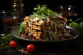 Portion of spicey beef lasagne topped with melted cheese and garnished with fresh parsley served on a plate