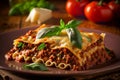 Portion of succulent ground beef lasagne topped with melted cheese and garnished with fresh parsley served on a plate in a close