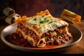 Portion of succulent ground beef lasagne topped with melted cheese and garnished with fresh parsley served on a plate in a close