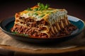 Portion of succulent ground beef lasagne topped with melted cheese and garnished with fresh parsley served on a plate in a close