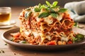 Portion of succulent ground beef lasagne topped with melted cheese and garnished with fresh parsley served on a plate in a close