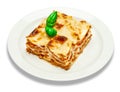 Portion of tasty lasagna isolated on white