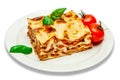 Portion of tasty lasagna isolated on white