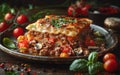 Portion of tasty spicy beef lasagne with melted cheese served on rustic plate with fresh basil and tomatoes Royalty Free Stock Photo