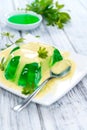 Portion of Woodruff Jelly with Vanilla Sauce