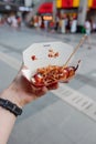 Portion of yummy Takoyaki balls with tempura scraps