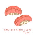 Portioned chutoro nigiri sushi with tuna on rice side view and three quarter view Royalty Free Stock Photo