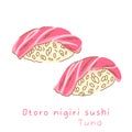 Portioned otoro nigiri sushi with tuna on rice side and three quarter view Royalty Free Stock Photo