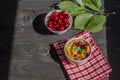 A portioned plate with clafoutis on a wooden background on a bright sunny day. Traditional French pie with cherry Royalty Free Stock Photo